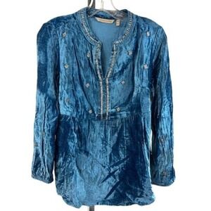 Soft Surroundings Blue Velvet Beaded Jeweled Tunic Top Size‎ XS Petite